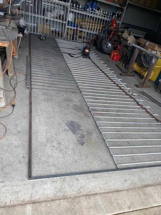 Steel fence panel being fabricated in the workshop
